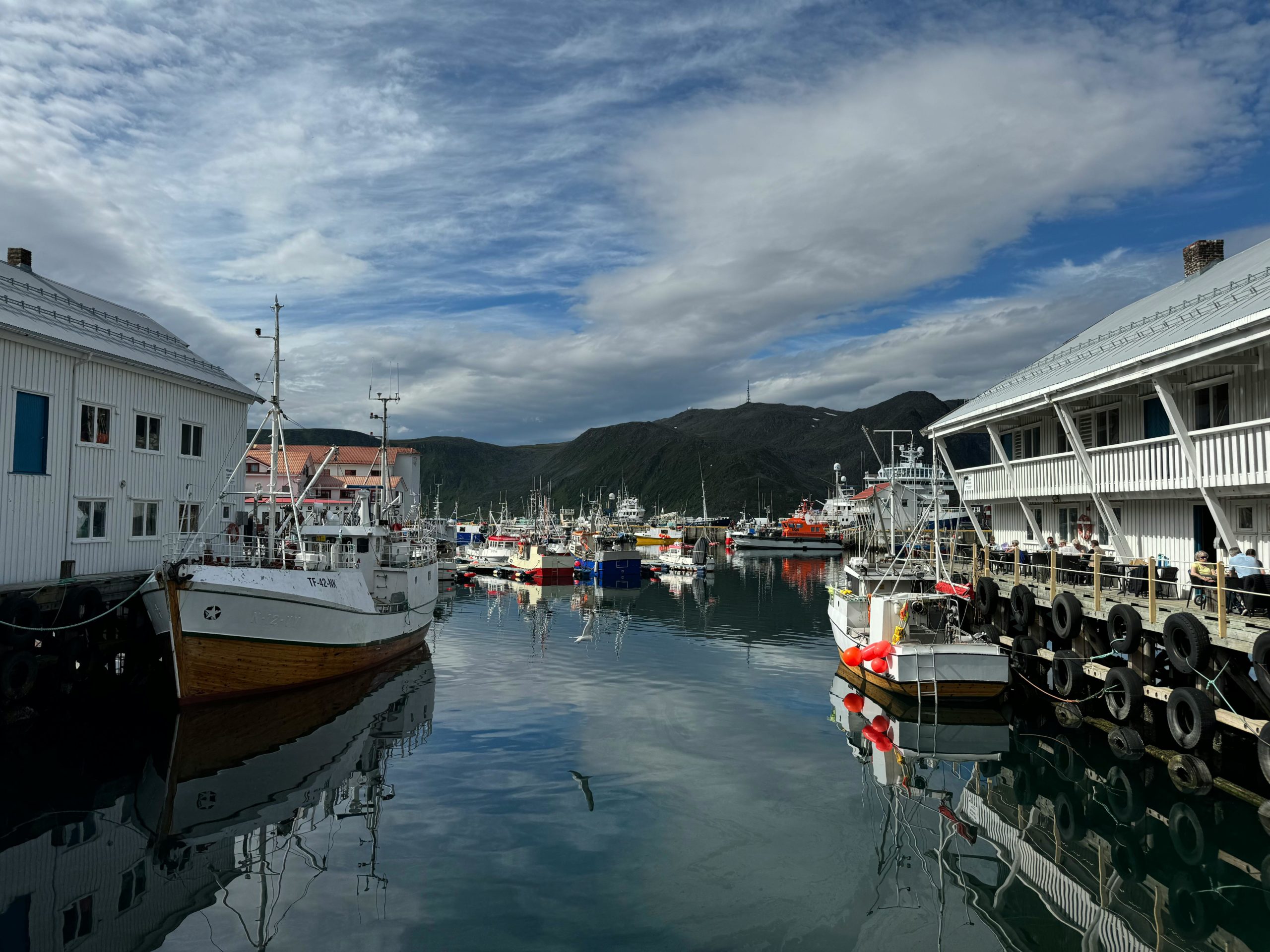 Charming harbor scene with fishing boats moored between traditional coastal buildings under a partly cloudy sky.