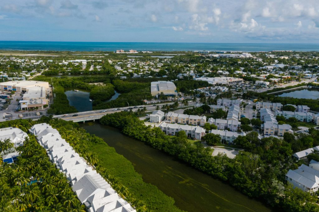 A stunning aerial view of a coastal residential area with lush greenery and a river.